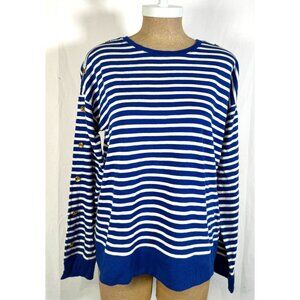 $195 NWT Lauren Ralph Lauren Striped Blue White Cotton Sweater Crewneck Top Sz M